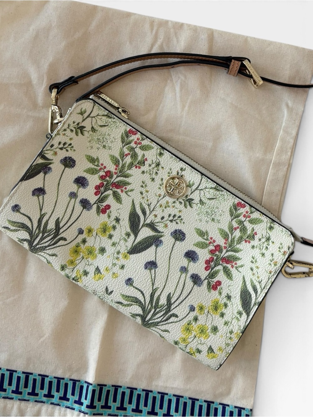 Tory Burch Perry Bombe Ditsy Borders Floral Double Zip Crossbody Bag